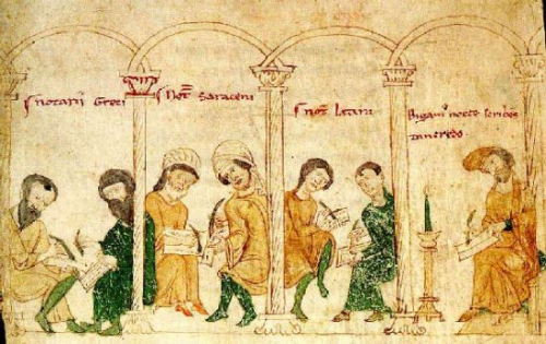Scribes - Grecs, Sarrasins et Latins, du Royaume de Sicile. Miniature réalisée en 1139.
