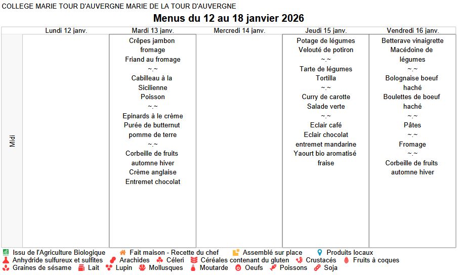 Menus cantine du 12 au 16 janvier 2026 - Collège Marie de la Tour d ...